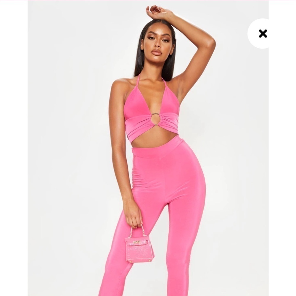 PrettyLittleThing Hot Pink Ring Detail Halterneck Crop Top Size 4 - Picture 6 of 8